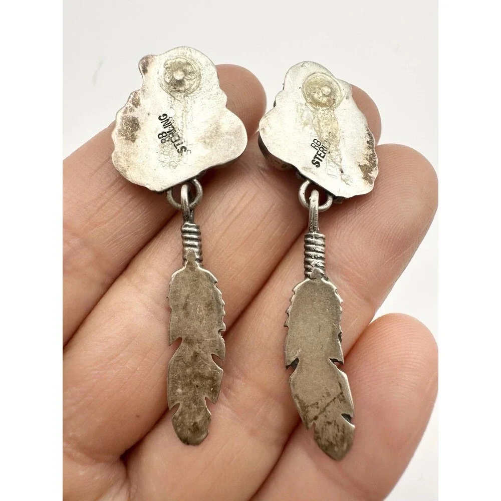 NAVAJO Signed RB TURQUOISE DANGLES STERLING SILVER EARRINGS FEATHER - For Repair